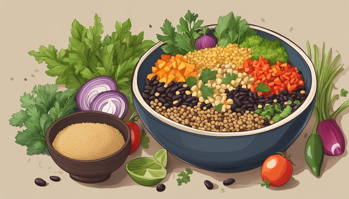 A colorful bowl filled with quinoa, black beans, and various chopped vegetables, surrounded by vibrant ingredients and herbs