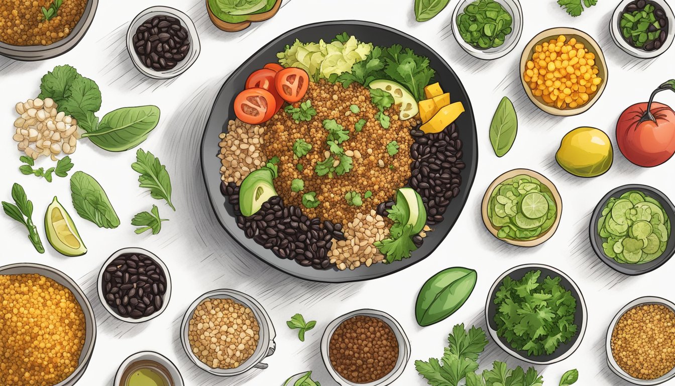 A colorful bowl of quinoa black bean salad surrounded by 11 meal plans for diabetics, with vibrant ingredients and a supportive, health-focused atmosphere