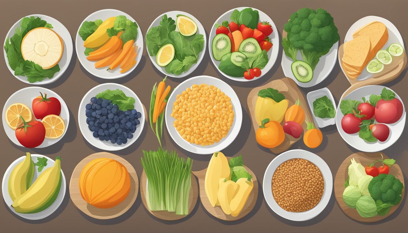 A table set with a variety of healthy food options, including fruits, vegetables, lean proteins, and whole grains, with a focus on promoting respiratory and diabetic health