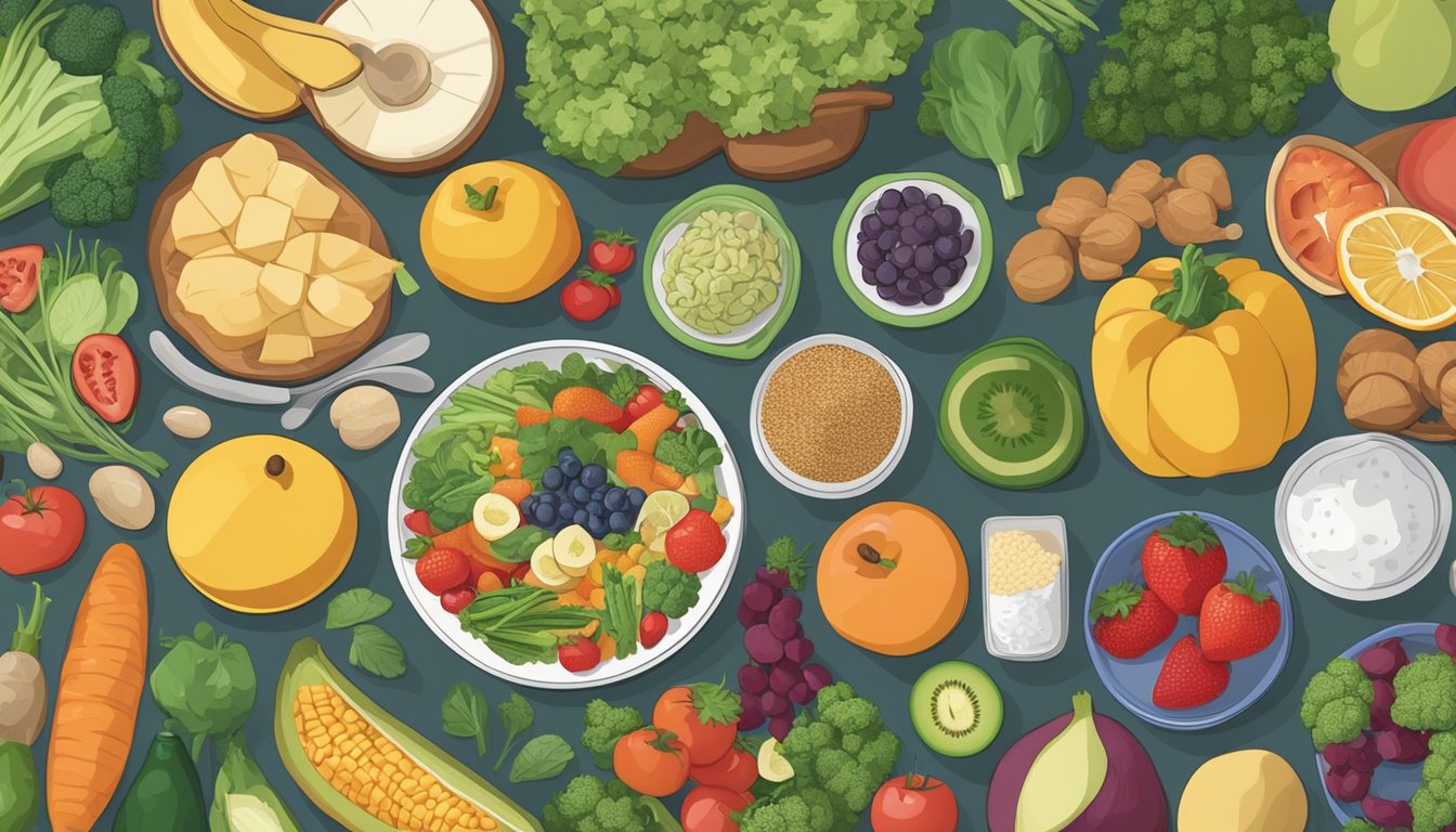 A table set with a variety of nutritious foods, including fruits, vegetables, lean proteins, and whole grains. A person with diabetes and respiratory concerns is preparing a meal