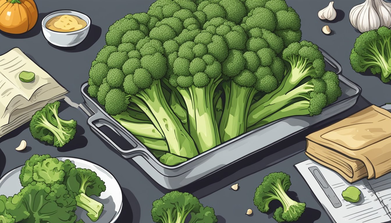 A head of broccoli surrounded by garlic cloves on a baking sheet, with 11 meal plans and a diabetes support book in the background