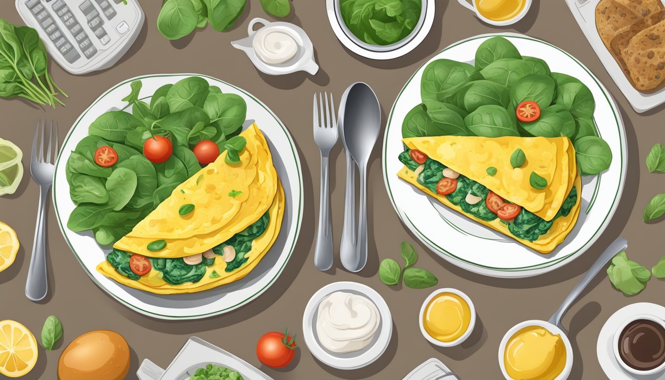 A colorful omelette with spinach and mushrooms surrounded by 13 different meal plans for diabetics