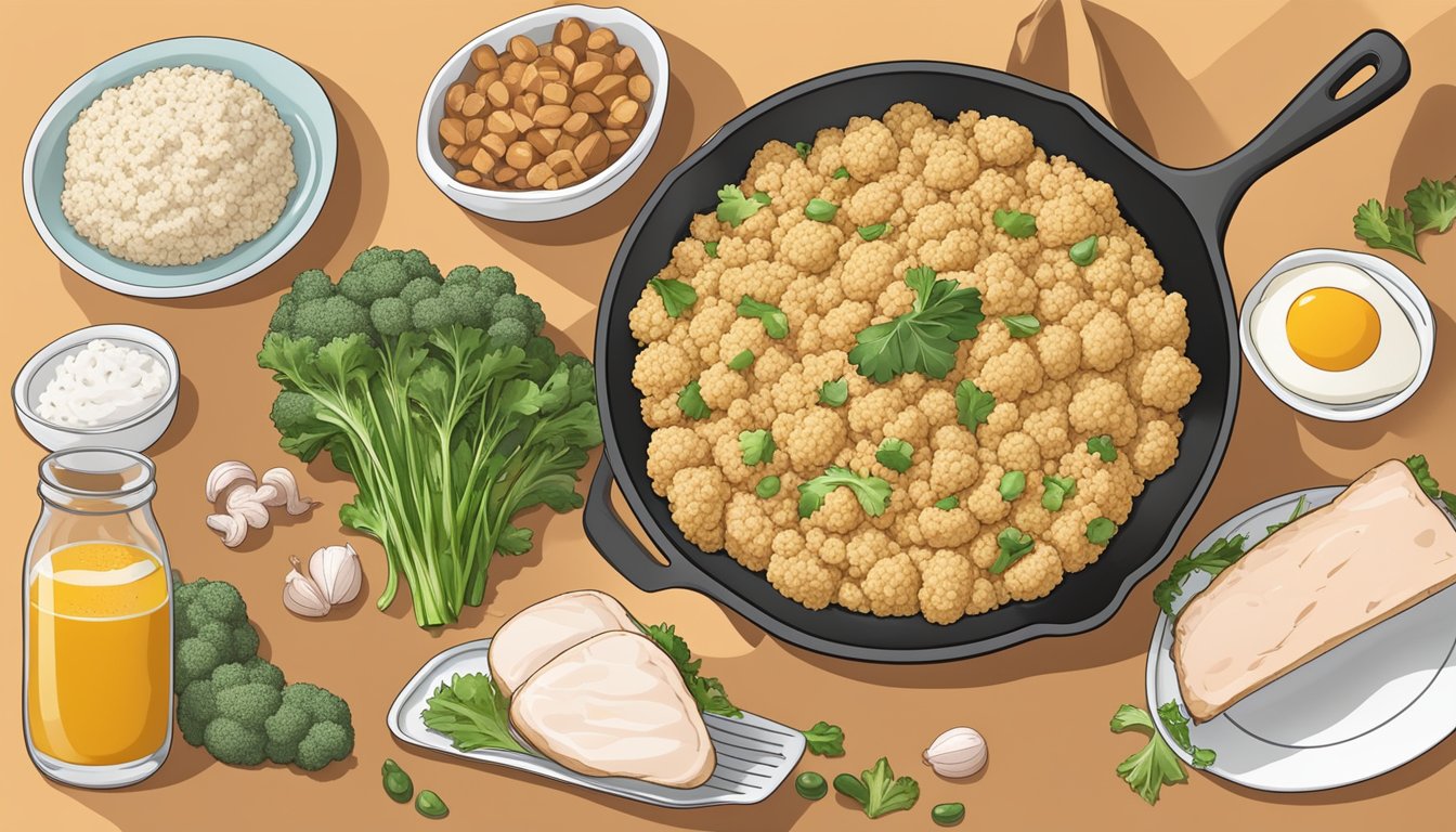 A skillet with cauliflower rice and turkey, surrounded by various ingredients and a meal plan booklet for diabetics