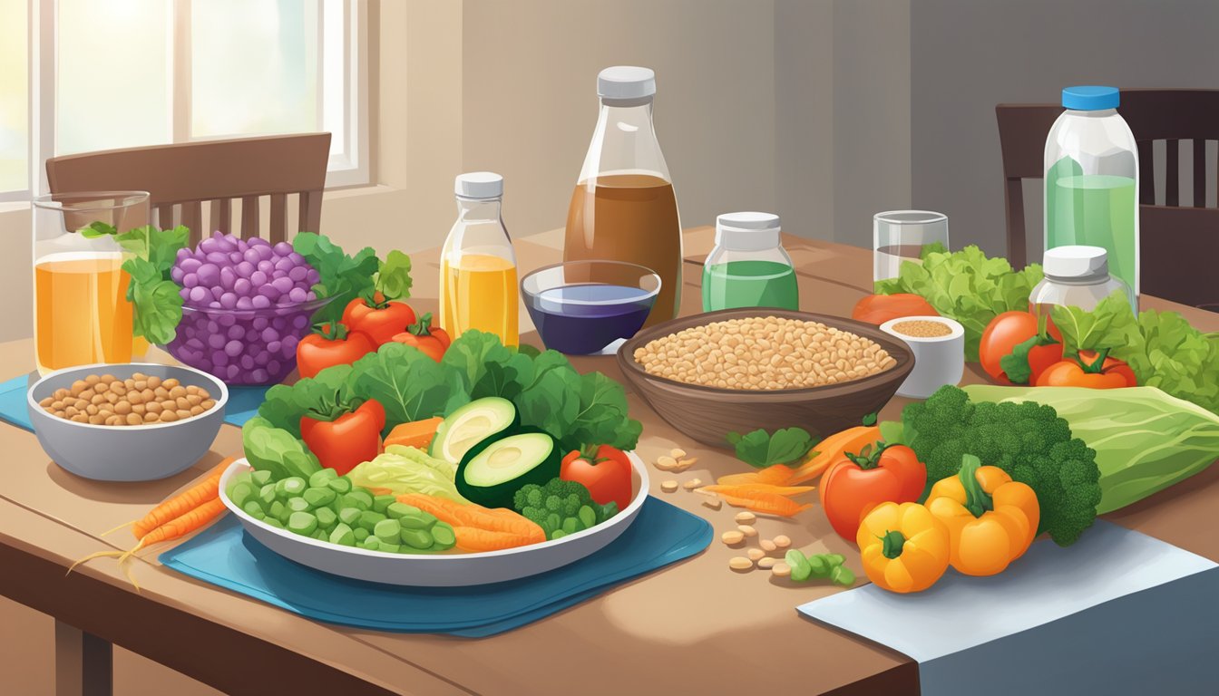 A table set with colorful, nutrient-rich foods including vegetables, lean proteins, and whole grains. A glass of water and a bottle of supplements are also present