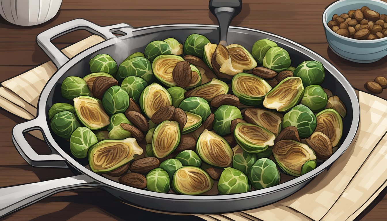 A skillet sizzling with balsamic glazed Brussels sprouts surrounded by a stack of meal plans for diabetics