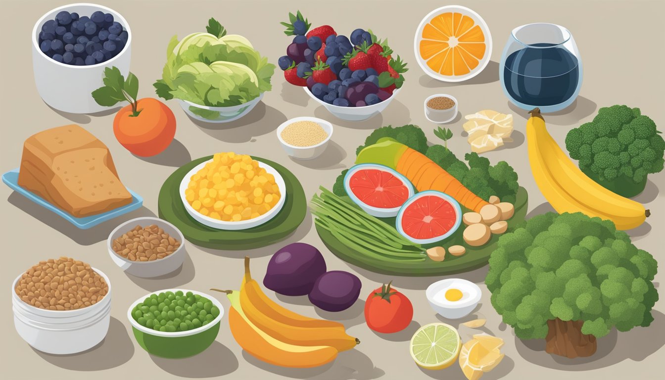 A table with a variety of nutrient-rich foods, including fruits, vegetables, whole grains, and lean proteins. A measuring cup and spoon are also present for portion control