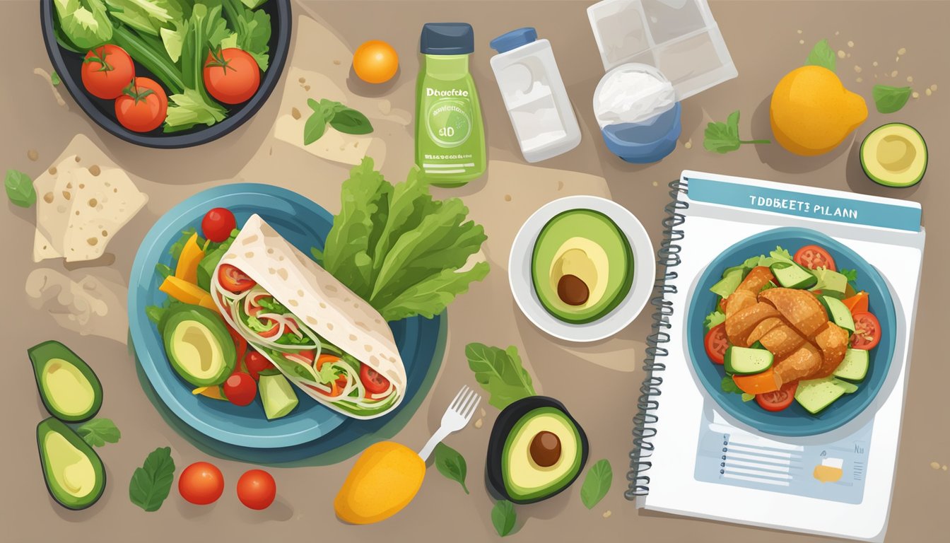 A colorful turkey and avocado wrap surrounded by fresh vegetables and a diabetes management meal plan booklet