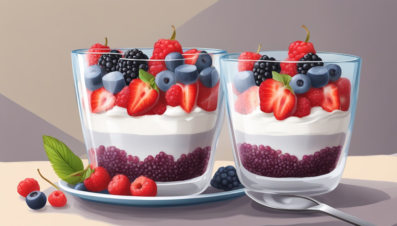 A glass parfait dish filled with layers of vibrant red berries and chia seeds, topped with a dollop of creamy yogurt