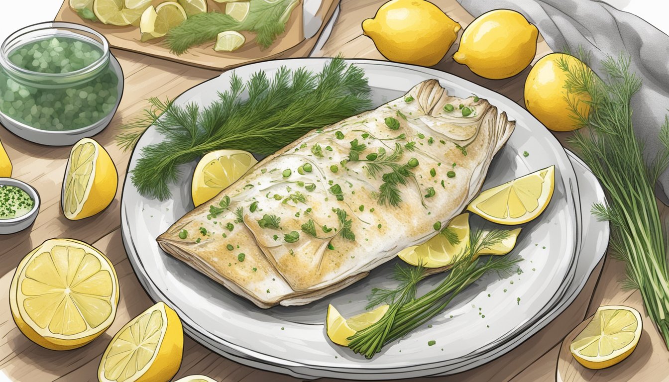 A plate of baked cod with lemon and dill surrounded by 15 meal plans for diabetics