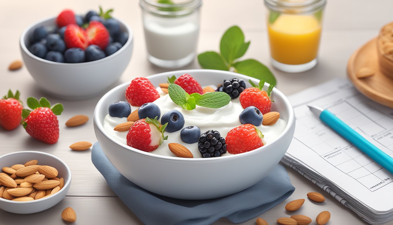 A bowl of Greek yogurt topped with fresh berries and almonds on a table surrounded by a stack of meal plans