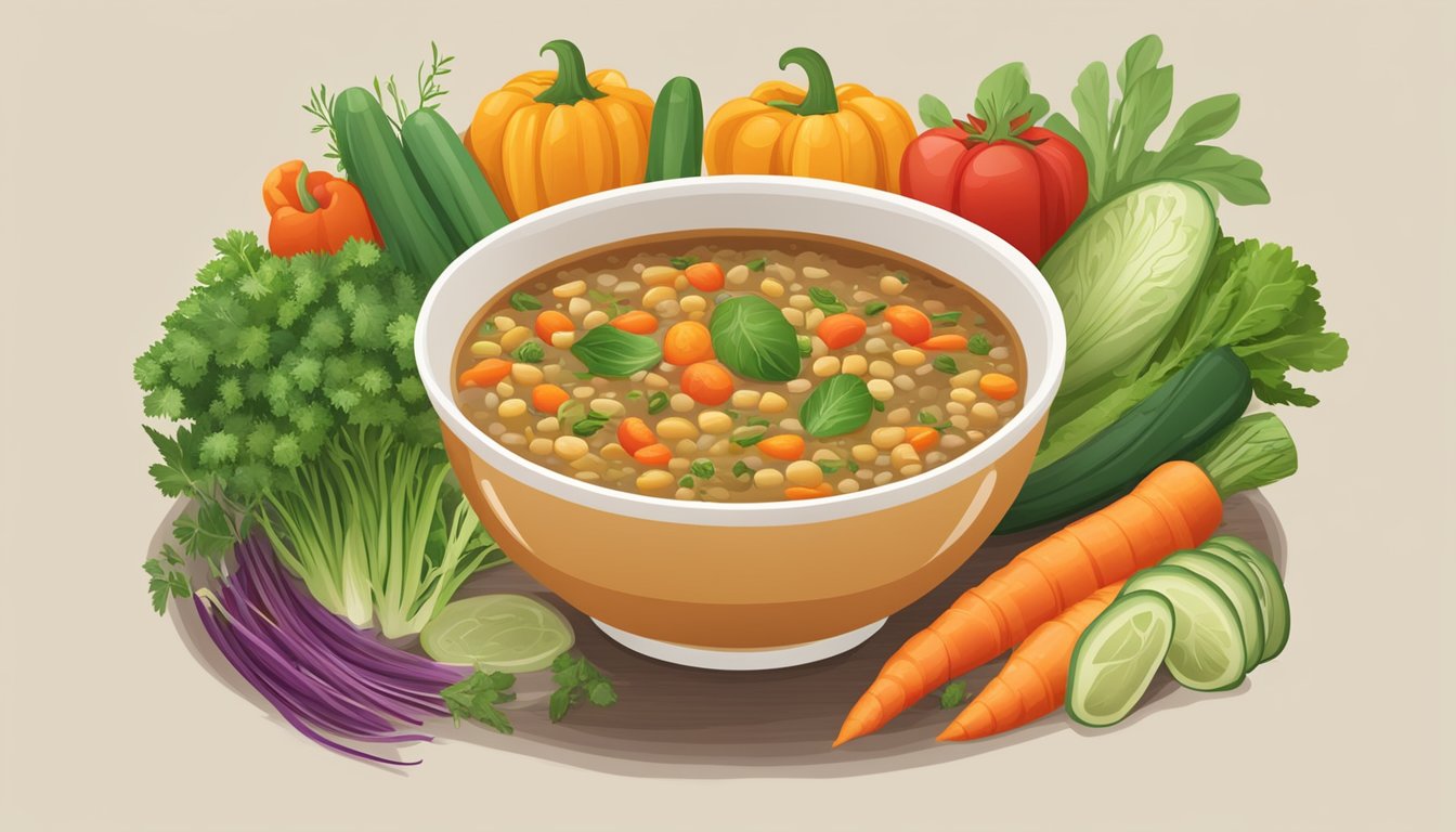 A steaming bowl of lentil and vegetable soup surrounded by a variety of fresh, colorful vegetables and herbs