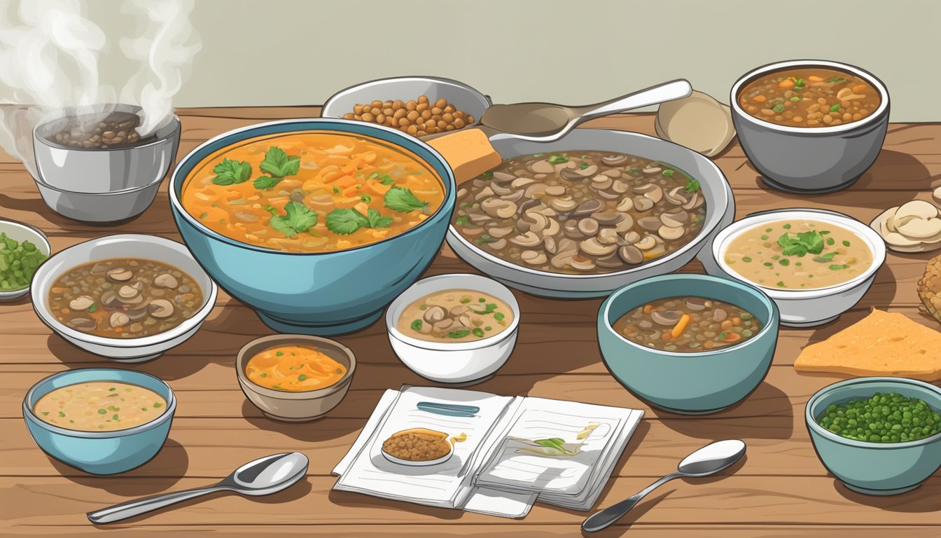 A steaming bowl of mushroom and lentil soup surrounded by 15 meal plans for diabetics, arranged on a wooden table