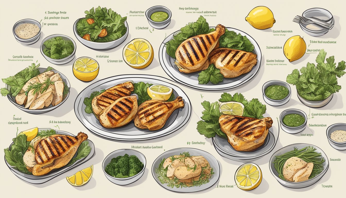 A plate of grilled chicken with herbs and lemon surrounded by 10 different meal plans, each tailored for autoimmune-friendly and diabetic diets