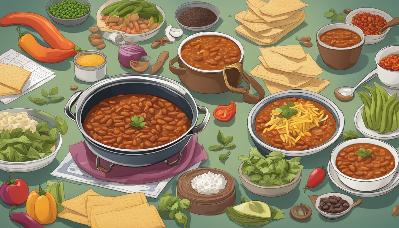 A steaming pot of vegan bean chili surrounded by 15 colorful meal plans for diabetics, with various ingredients and spices scattered around