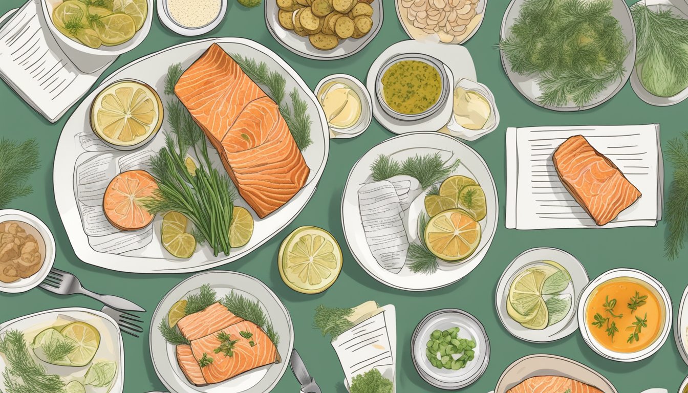 A plate of baked salmon with dill surrounded by 10 different meal plans, each labeled as "autoimmune-friendly diabetic."