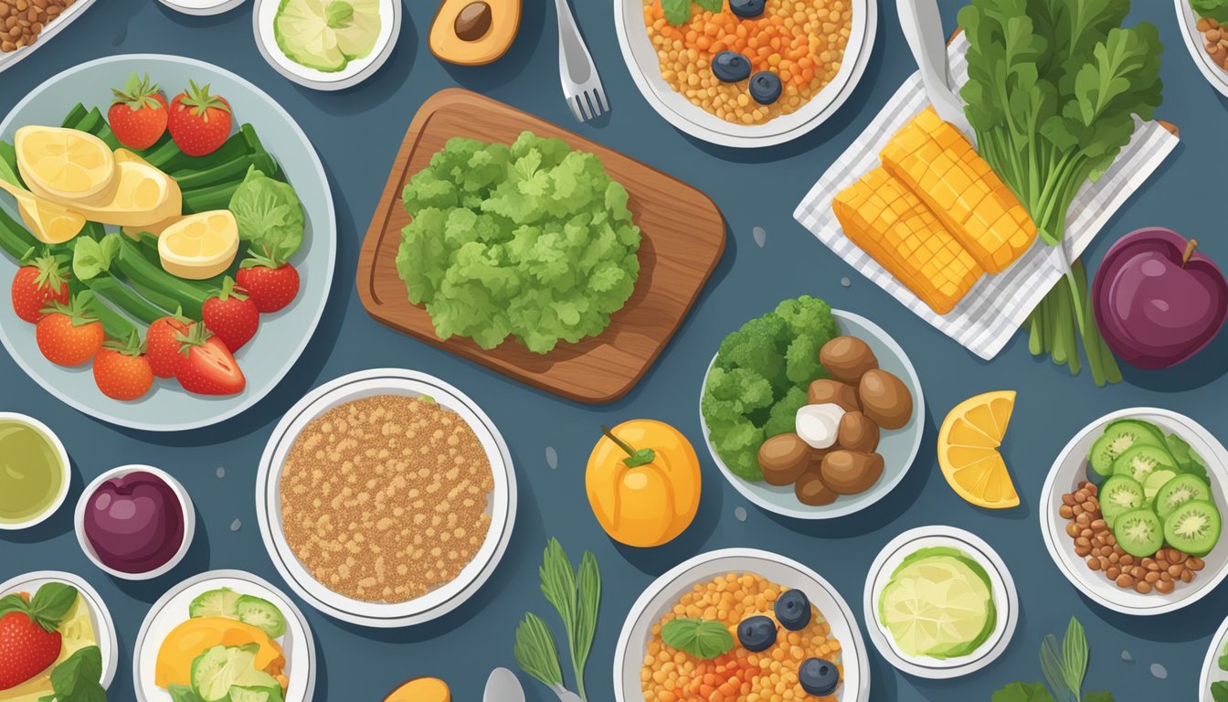 A table set with a variety of healthy meal options, including fruits, vegetables, and whole grains. A diabetic-friendly meal plan for chronic pain management