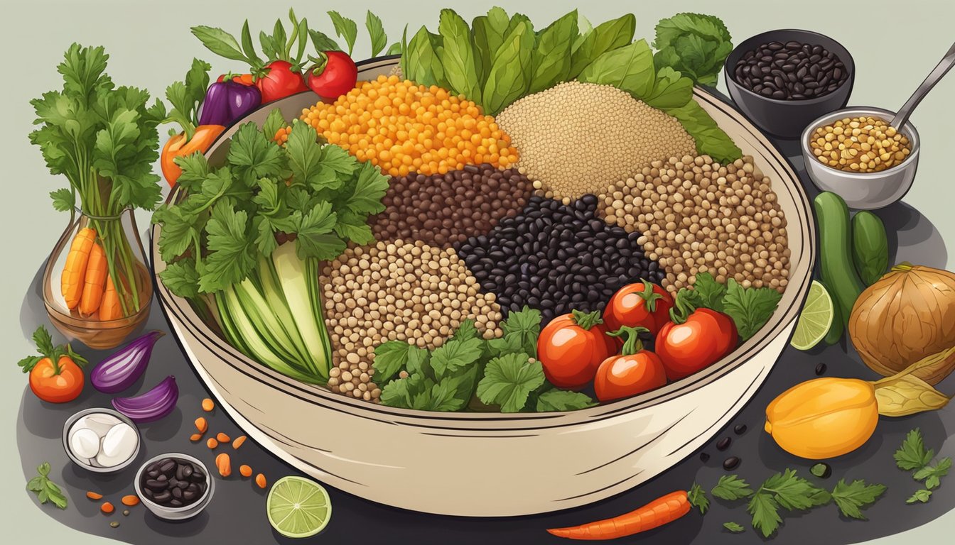 A colorful bowl filled with quinoa, black beans, and assorted vegetables, surrounded by a variety of fresh ingredients and spices