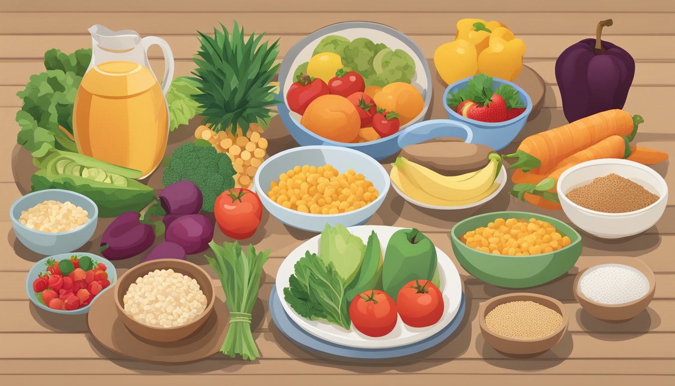 A table with a variety of healthy foods, including fruits, vegetables, lean proteins, and whole grains. A diabetic-friendly meal plan is laid out next to a list of nutritional considerations