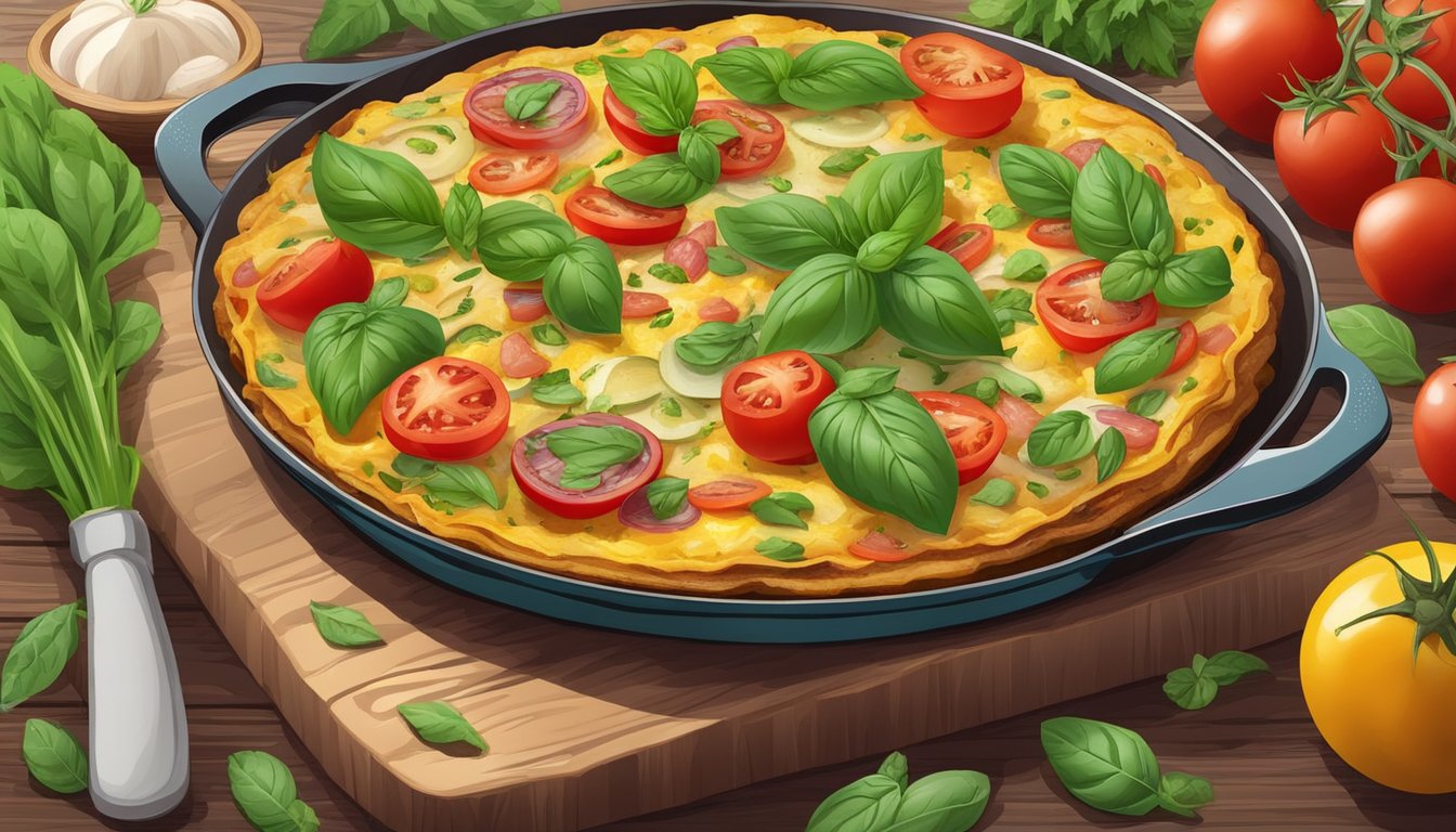 A colorful frittata with tomatoes and basil surrounded by a variety of fresh vegetables and herbs on a wooden cutting board