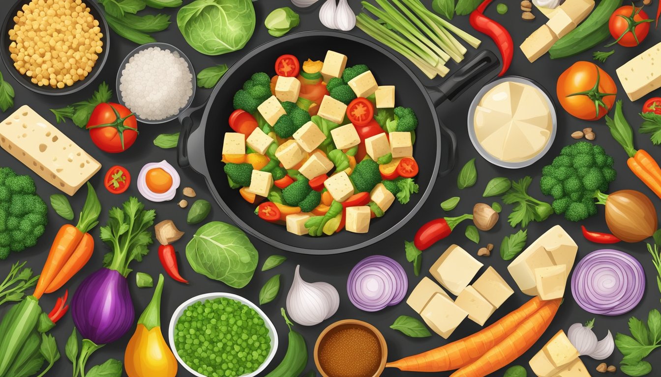 A colorful array of fresh vegetables and cubes of tofu sizzling in a wok, surrounded by various ingredients and spices