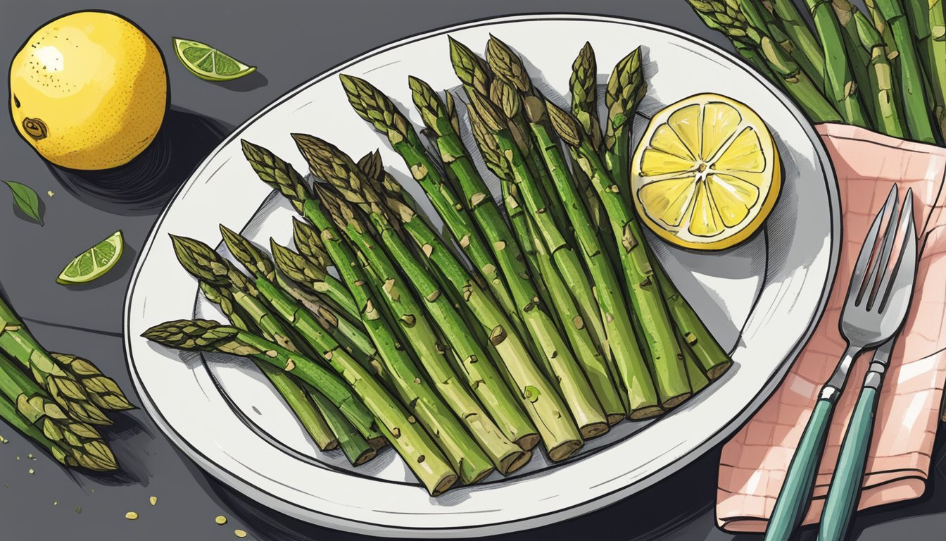 A plate of grilled asparagus with a slice of lemon on the side, surrounded by 10 meal plans for autoimmune-friendly diabetic diets