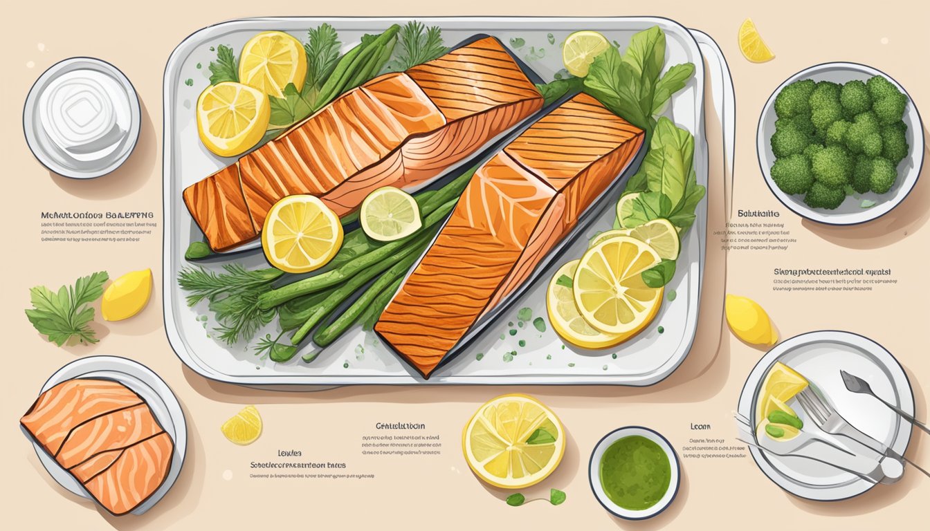 A plate of grilled salmon with lemon surrounded by 6 different meal plans for diabetics, emphasizing lymphatic health