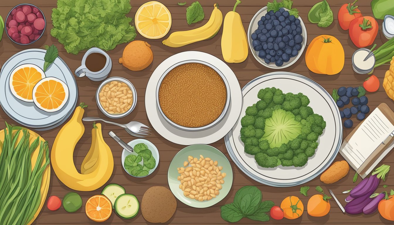 A table set with a variety of healthy, colorful foods, including fruits, vegetables, lean proteins, and whole grains. A journal and pen sit nearby for meal planning