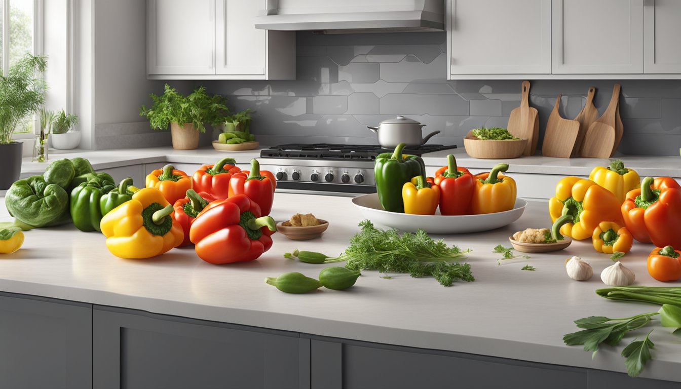 A colorful array of stuffed bell peppers filled with turkey, surrounded by various fresh vegetables and herbs, on a clean and modern kitchen countertop