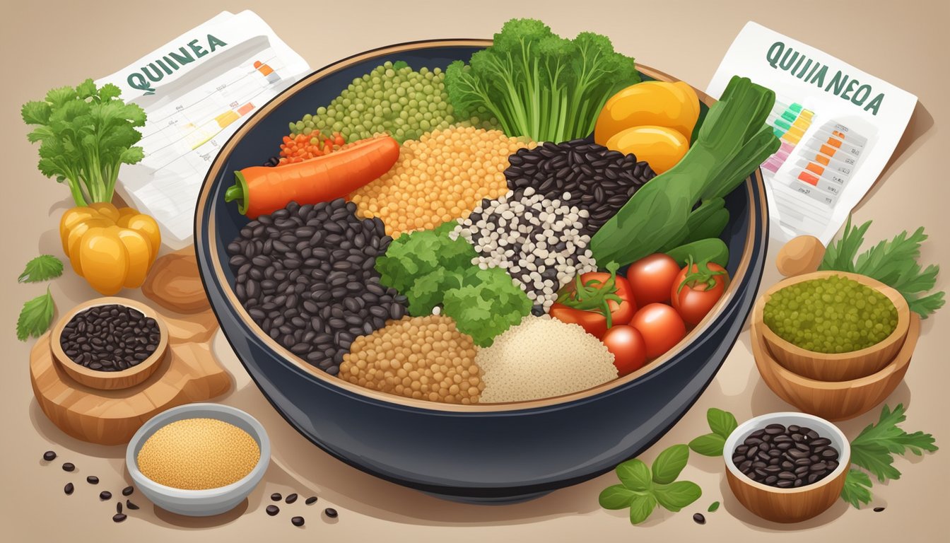 A colorful bowl filled with quinoa, black beans, and various vegetables, surrounded by fresh ingredients and a medical chart