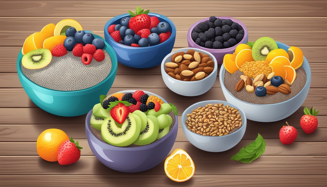 A colorful array of chia seed pudding bowls surrounded by fresh fruits and nuts on a wooden table