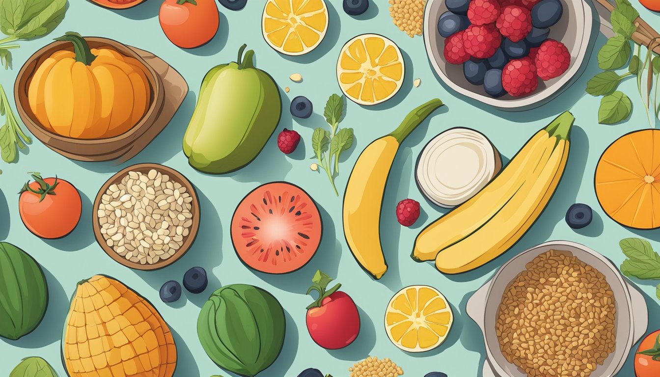 A colorful array of fresh fruits, vegetables, and whole grains arranged on a table, with a variety of cooking utensils and recipe books scattered around