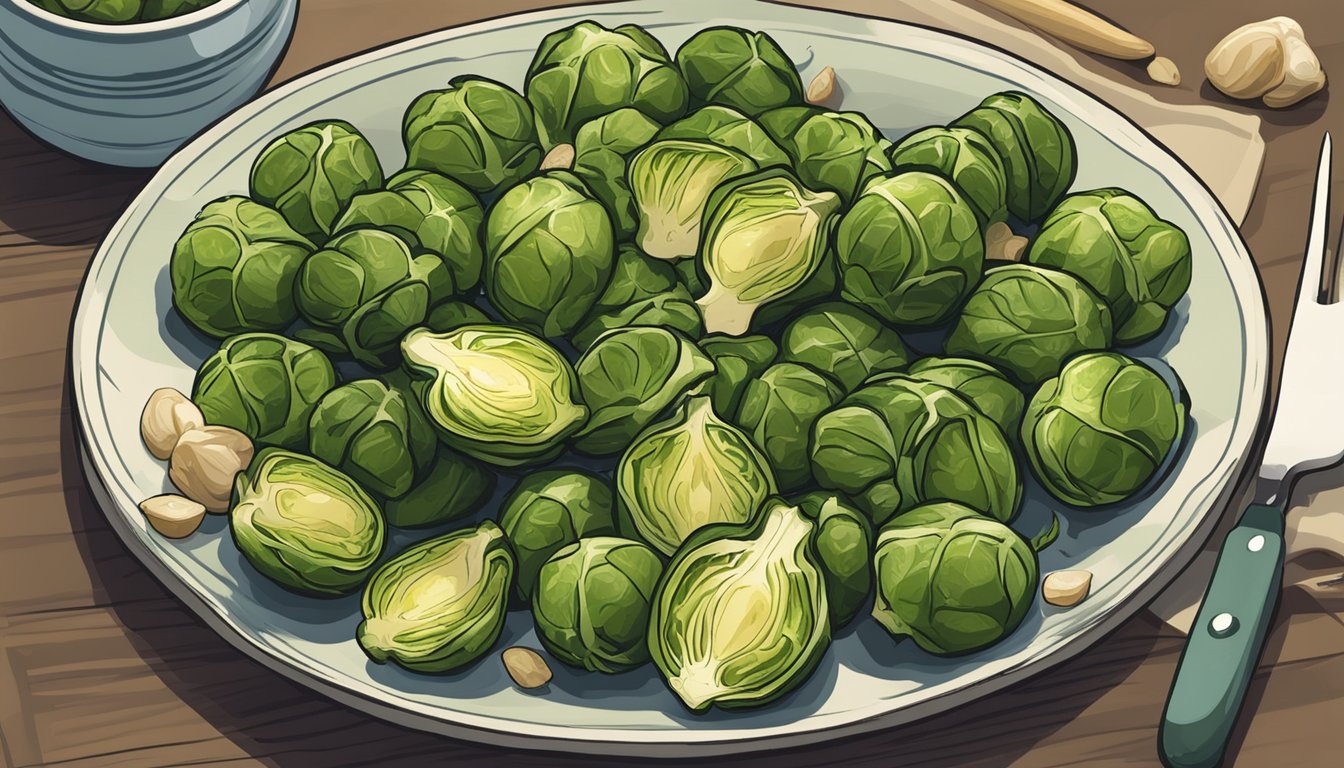 A plate of roasted Brussels sprouts with garlic surrounded by 6 lymphatic health meal plans for diabetics