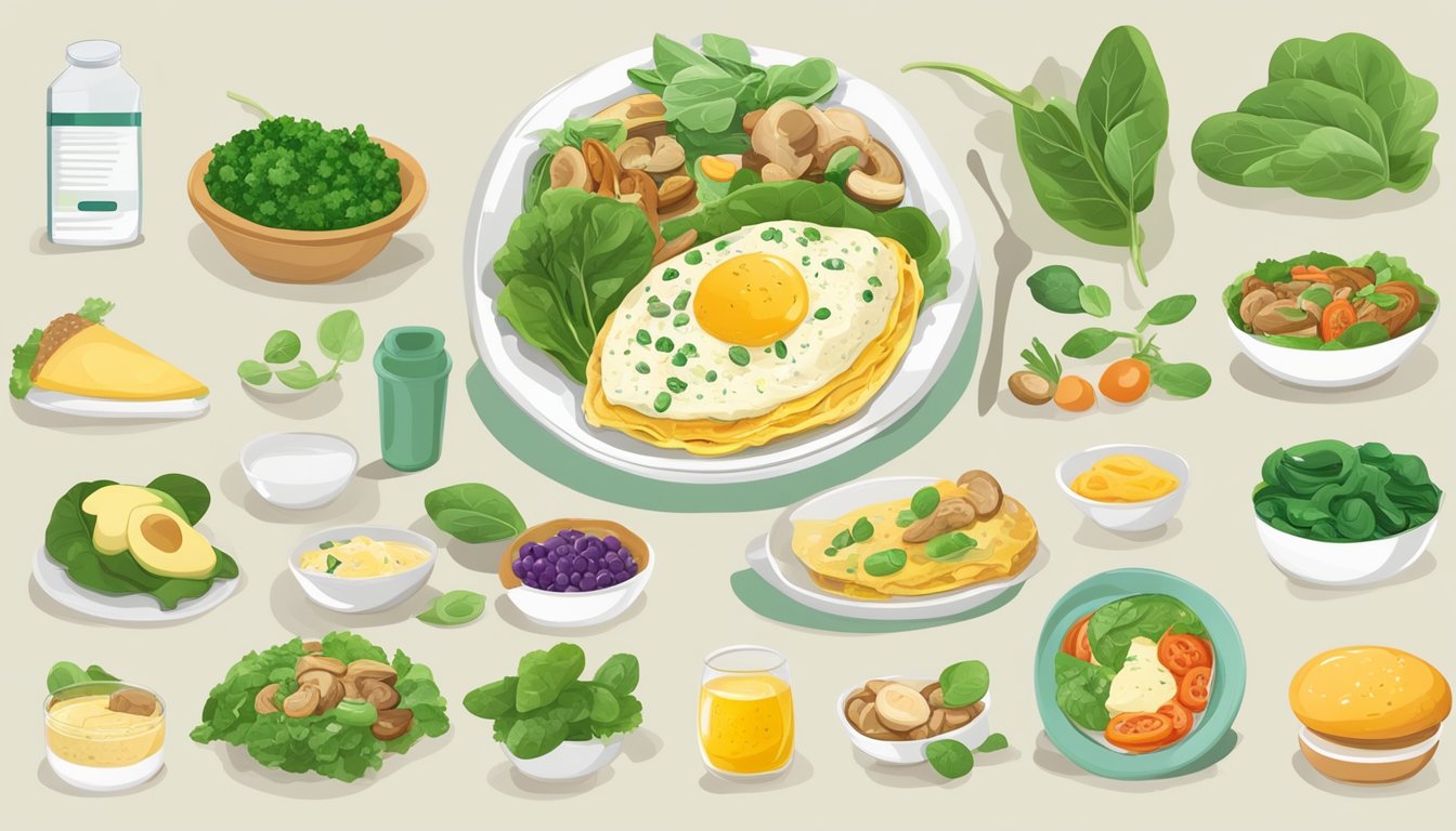 A colorful omelet filled with spinach and mushrooms surrounded by six different meal plans, all designed to promote lymphatic health for diabetics