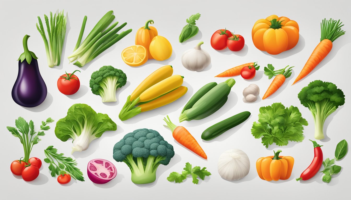 A colorful array of fresh vegetables, lean proteins, and complex carbohydrates arranged on a clean, white surface