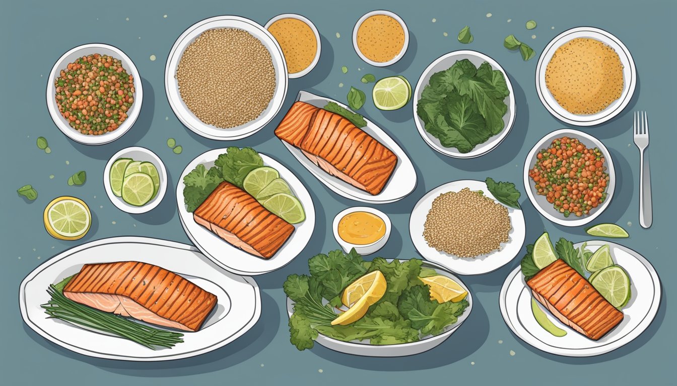 A plate of grilled salmon and quinoa surrounded by 7 different meal plans for diabetics, emphasizing pancreatic support