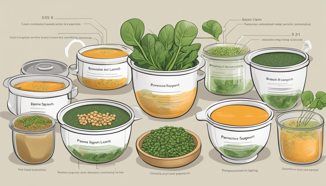 A steaming pot of spinach and lentil soup surrounded by seven meal plans for diabetics, each labeled "Pancreatic Support."