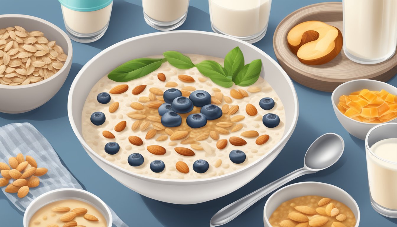 A bowl of oatmeal with almond milk surrounded by 9 different meal plans for diabetics, with a focus on bladder health