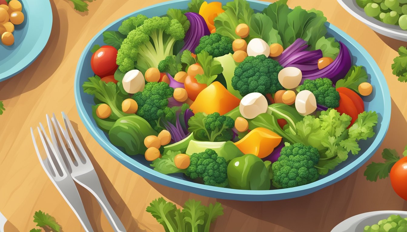 A colorful salad bowl with chickpeas, broccoli, and other fresh vegetables arranged in an appealing and appetizing manner