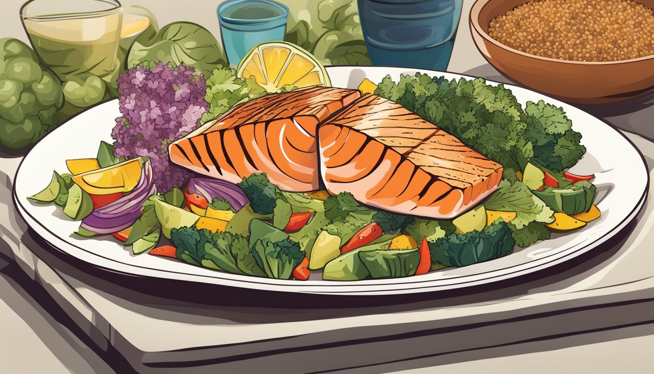 A plate with grilled salmon, quinoa, and a variety of colorful vegetables arranged in a visually appealing manner