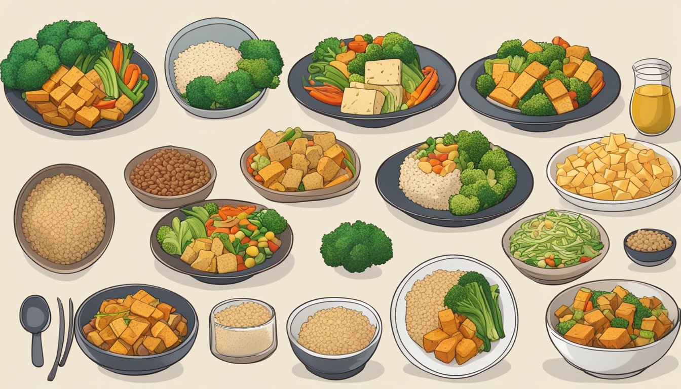 A colorful stir fry of tofu, mixed vegetables, and brown rice arranged on a plate, surrounded by seven different meal plans for diabetics emphasizing pancreatic support