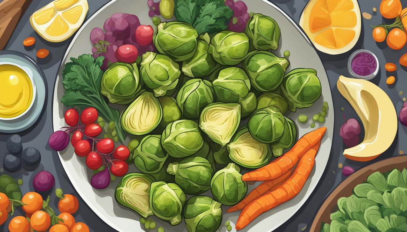 A plate of roasted Brussels sprouts drizzled with olive oil, surrounded by a variety of colorful vegetables and fruits, set against a backdrop of a diabetes-friendly meal plan