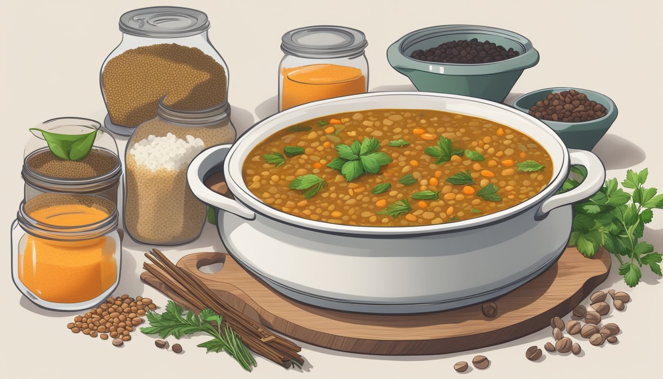 A pot of simmering lentil soup surrounded by various spices and herbs, with a stack of meal plans for diabetics next to it