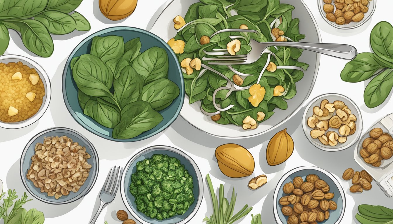 A bowl of spinach and walnut salad surrounded by 12 meal plans, with a focus on joint health for diabetics