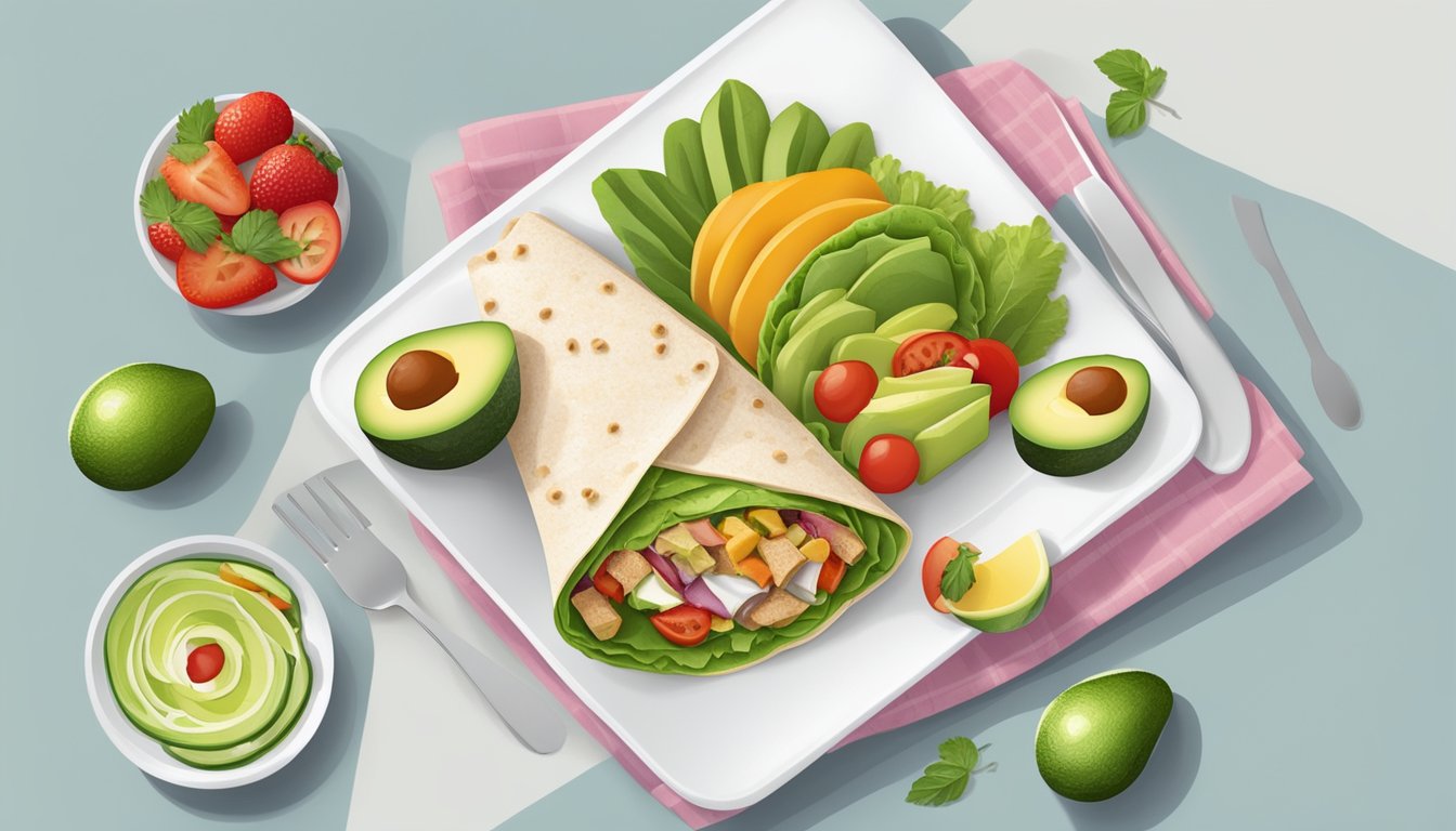 A colorful turkey and avocado wrap surrounded by fresh vegetables and a side of fruit, displayed on a clean, white plate