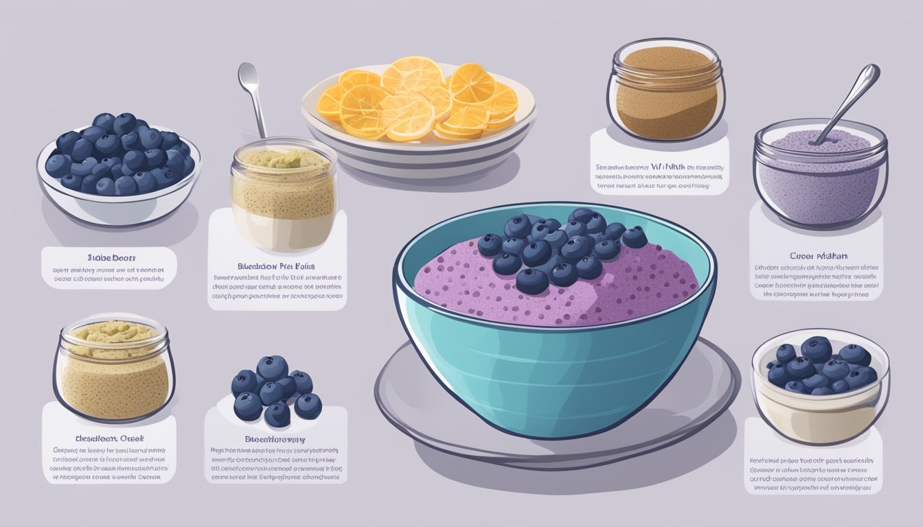 A bowl of blueberry chia pudding surrounded by 12 meal plans for diabetics, with a focus on joint health