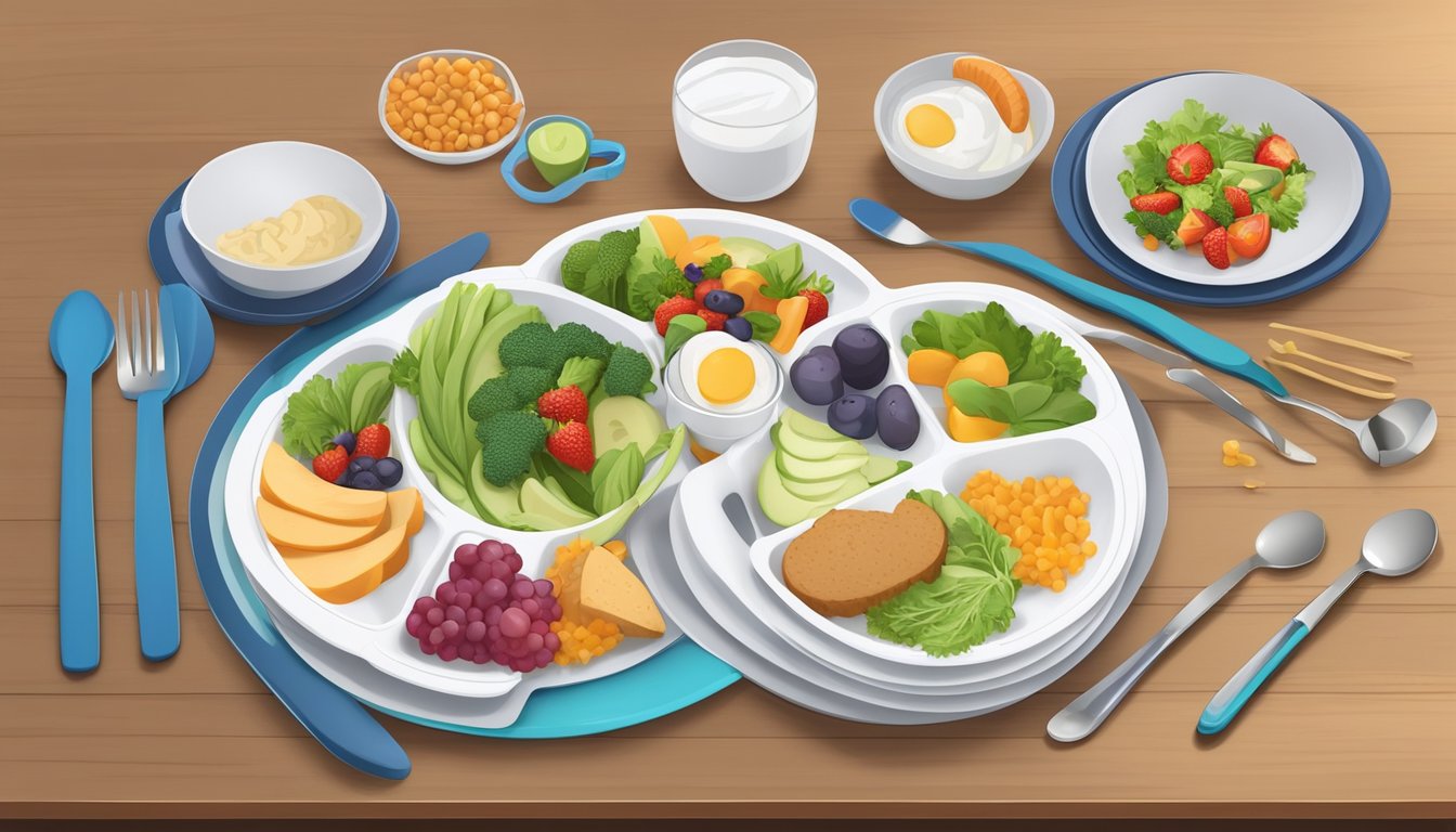 A dining table with seven balanced meal plates and portion control tools, surrounded by supportive items for pancreatic health