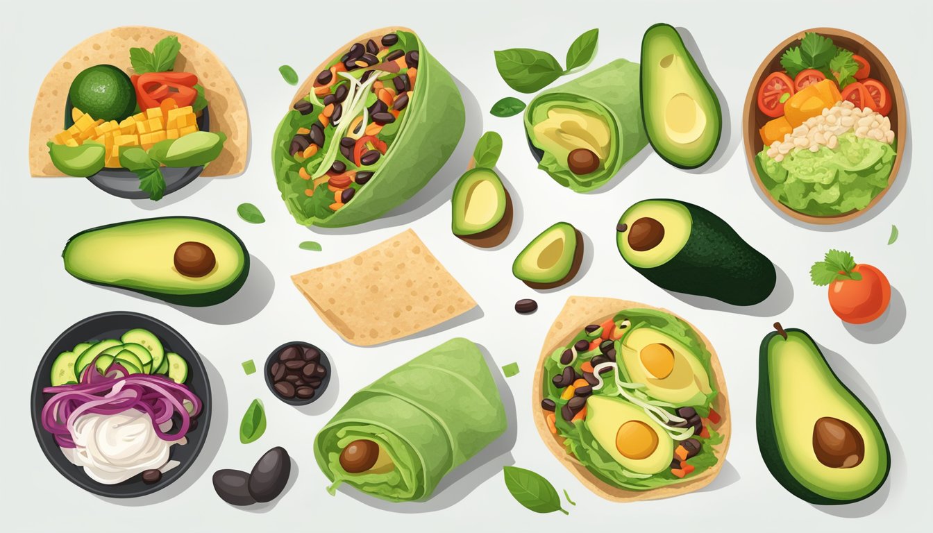 A colorful avocado and black bean wrap surrounded by 12 vibrant meal plans, with a focus on joint health for diabetics