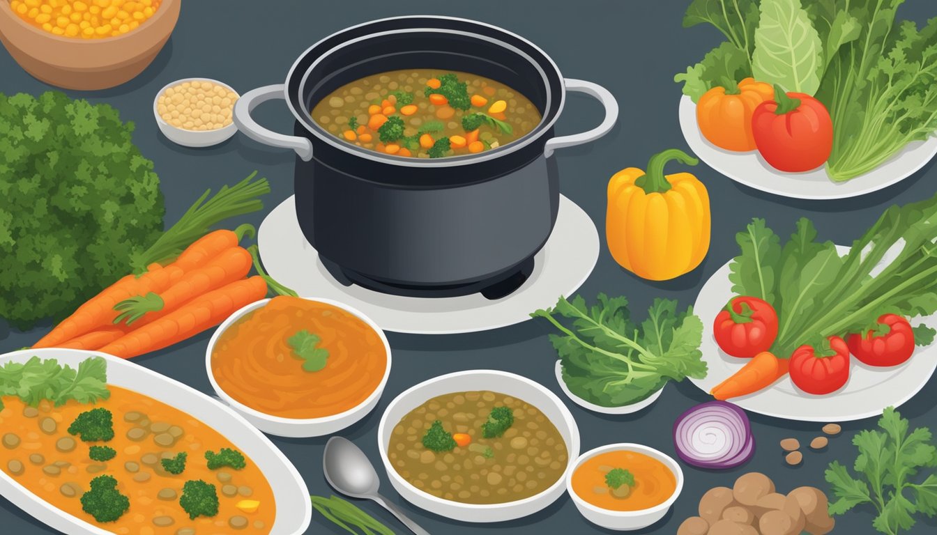 A pot of lentil soup with kale simmering on a stove, surrounded by a variety of colorful vegetables and herbs