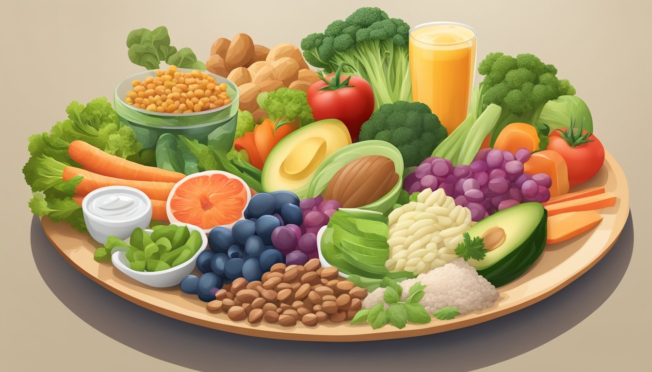 A colorful plate with a variety of foods, including lean proteins, high-fiber vegetables, and low-glycemic index carbohydrates, arranged in an appealing and balanced manner