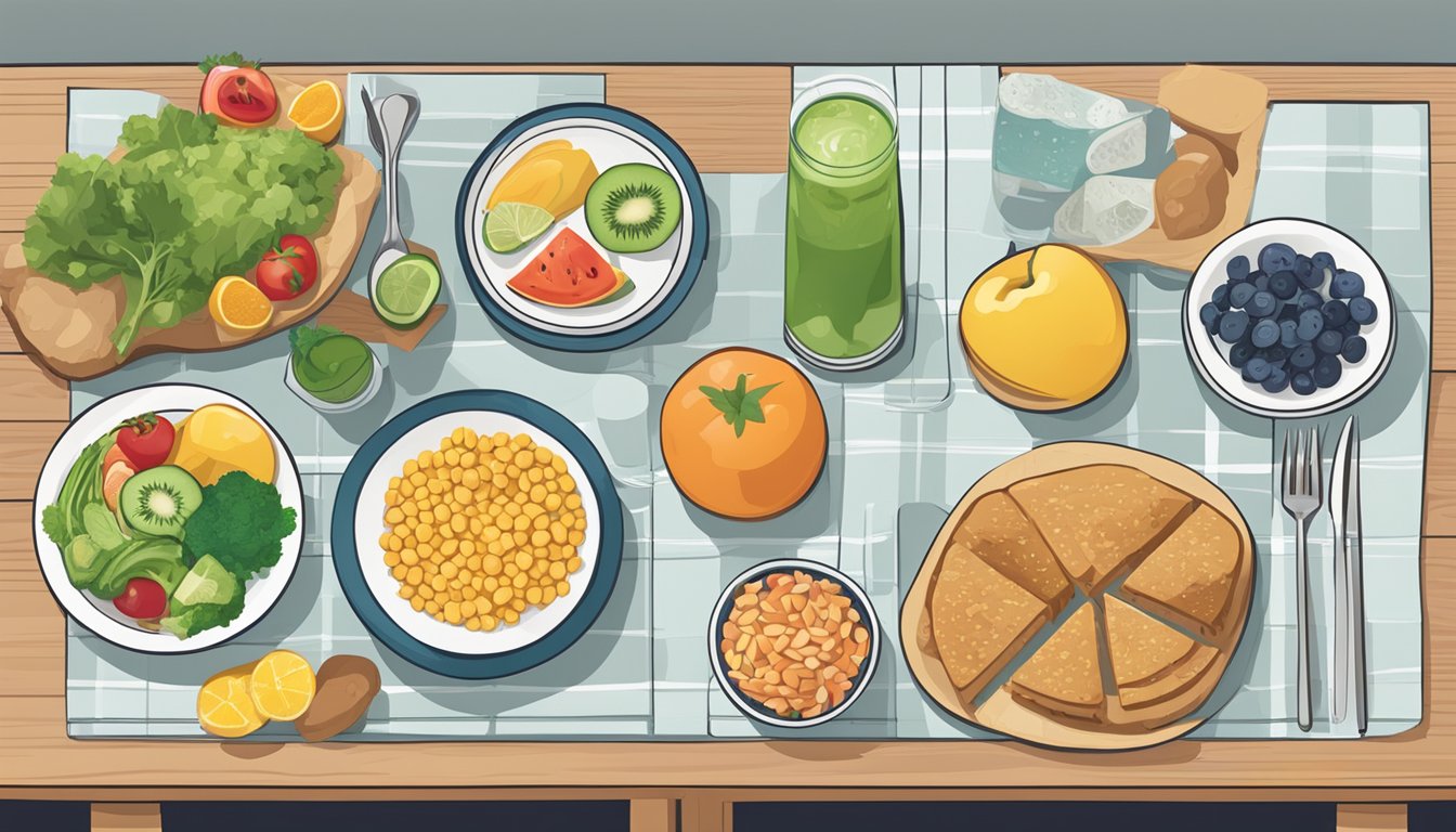 A table set with a variety of healthy meal options, including fruits, vegetables, lean proteins, and whole grains. A glass of water and a bladder health pamphlet are also on the table